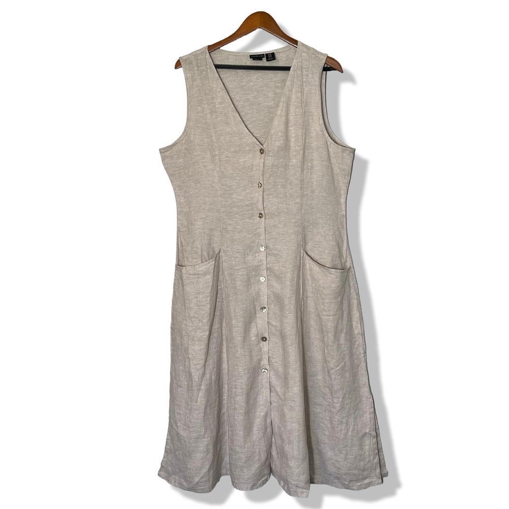 Tahari women's 100% linen sleeveless button front midi swing dress size 16